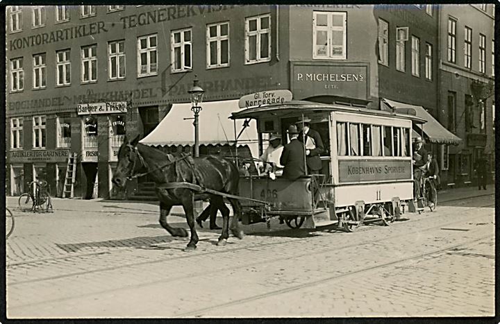 Nørre Voldgade 62 hj. Nørregade med P. Michelsens Papirhandel og hestetrukken sporvogn no. 11. No.107214 Kvalitet 9