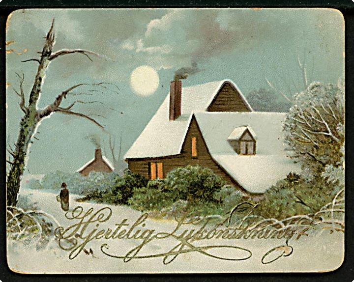 Hus i sne og månelys. Lille lykønskningskort dateret 26.3.1893. U/no. Kvalitet 7