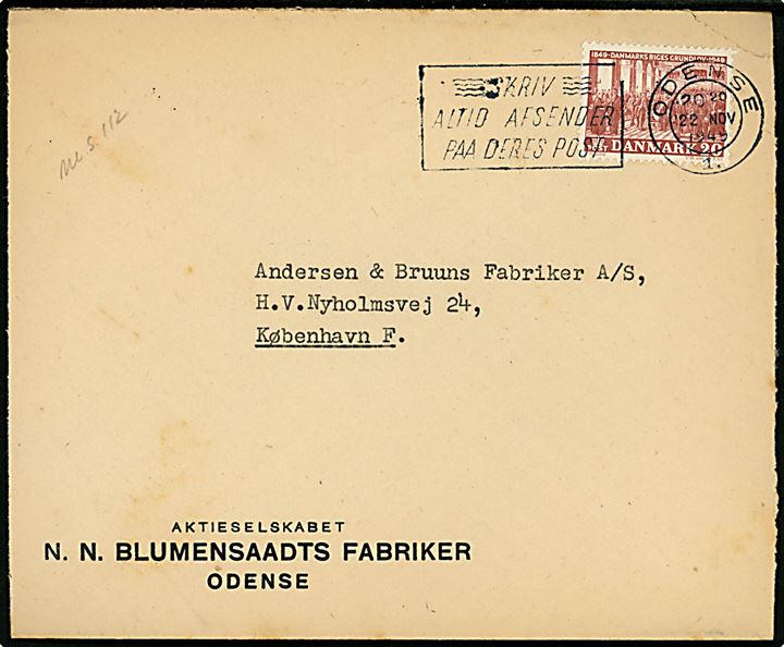 20 øre Grundlov på brev annulleret med TMS Skriv altid afsender paa deres Post/Odense 1. d. 22.11.1949 til København.