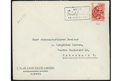 20 øre DSB Jubilæum på brev annulleret med TMS Brug Frihedsfondens Frimærker/Aarhus *** d. 3.9.1947 til København.