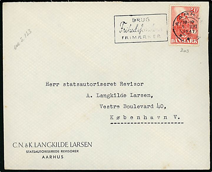 20 øre DSB Jubilæum på brev annulleret med TMS Brug Frihedsfondens Frimærker/Aarhus *** d. 3.9.1947 til København.