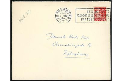 20 øre Karavel på brev annulleret med TMS Sønderborg/Bestil Post- og Telegrafhaandbog paa Posthuset d. 3.11.1941 til Dansk Røde Kors i København.