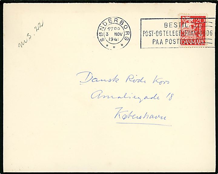 20 øre Karavel på brev annulleret med TMS Sønderborg/Bestil Post- og Telegrafhaandbog paa Posthuset d. 3.11.1941 til Dansk Røde Kors i København.