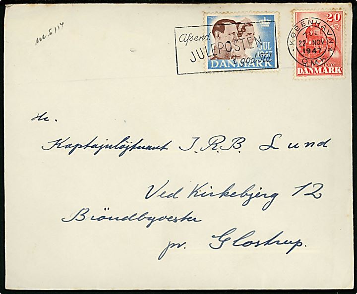 20 øre DSB Jubilæum og Julemærke 1947 på brev fra København d. 22.11.1947 til Glæstrup.