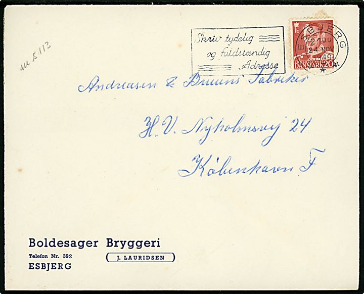 20 øre Fr. IX på firmakuvert fra Boldesager Bryggeri stemplet Esbjerg d. 24.11.1949 til København.