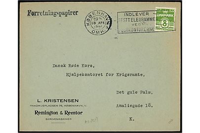 8 øre Bølgelinie single på lokal forretningspapirer i København d. 18.4.1941 til Dansk Røde Kors, Hjælpekontoret for Krigsramte.