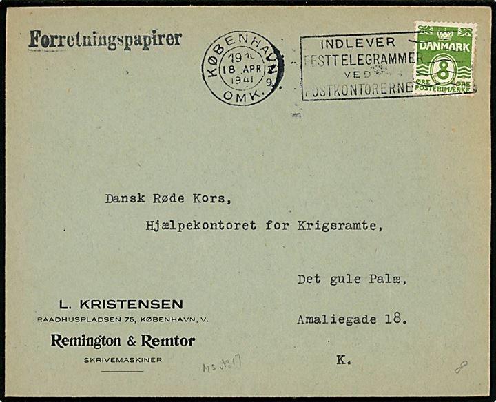 8 øre Bølgelinie single på lokal forretningspapirer i København d. 18.4.1941 til Dansk Røde Kors, Hjælpekontoret for Krigsramte.