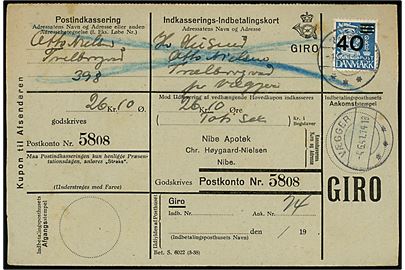 40/30 øre Provisorium single på retur Indkasserings-Indbetalingskort fra Nibe d. 4.6.1941 til Vægger.