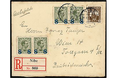 8/12 øre Provisorium (4) og 40 øre Genforening på anbefalet brev fra Nibe d. 30.8.1921 til Wien, Østrig. To mærker ikke annulleret.