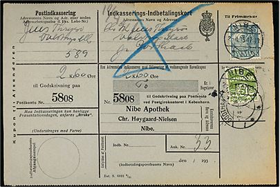 5 øre Bølgelinie og 25 øre Karavel på retur Indkasserings-Indbetalingskort fra Nibe d. 2.4.1935 til Godthaab St.