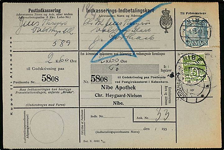 5 øre Bølgelinie og 25 øre Karavel på retur Indkasserings-Indbetalingskort fra Nibe d. 2.4.1935 til Godthaab St.