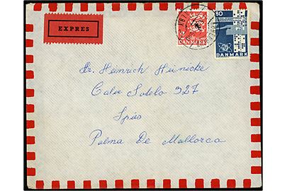 80 øre UIT jubilæum og 2 kr. Rigsvåben på ekspresbrev fra København Valby d. 22.6.1965 til Palma de Mallorca, Spanien.
