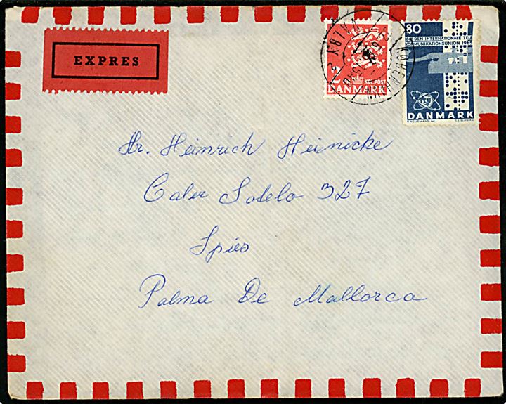 80 øre UIT jubilæum og 2 kr. Rigsvåben på ekspresbrev fra København Valby d. 22.6.1965 til Palma de Mallorca, Spanien.