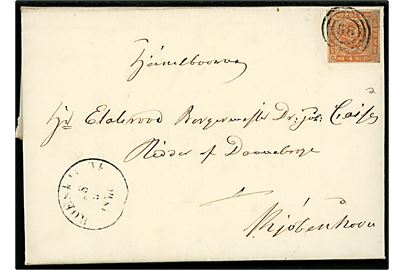4 sk. 1854 udg. på brev med fuldt indhold annulleret med nr.stempel 58 og sidestemplet antiqua Roeskilde d. 28.9.1856 til Etatsraad Borgmester Dr. Jur. Casse, Ridder af Dannebrog i Kjøbenhavn. 