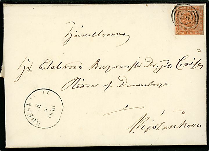 4 sk. 1854 udg. på brev med fuldt indhold annulleret med nr.stempel 58 og sidestemplet antiqua Roeskilde d. 28.9.1856 til Etatsraad Borgmester Dr. Jur. Casse, Ridder af Dannebrog i Kjøbenhavn. 