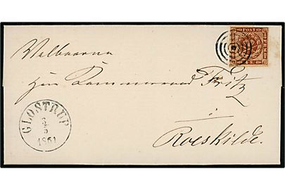 4 sk. 1858 udg. på brev med langt indhold dateret i Vallensbæk annulleret med stumt stempel og sidestemplet antiqua Glostrup d. 3.5.1861 til Roskilde.