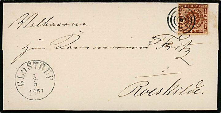 4 sk. 1858 udg. på brev med langt indhold dateret i Vallensbæk annulleret med stumt stempel og sidestemplet antiqua Glostrup d. 3.5.1861 til Roskilde.