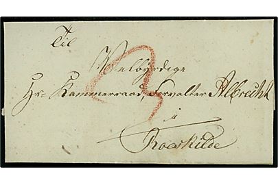 1830. Portobrev med fuldt indhold dateret i Vallensbæk d. 20.3.1830 til hr. Kammeraad Forvalter Albrecht i Roskilde. Påskrevet 3 med rødkridt.