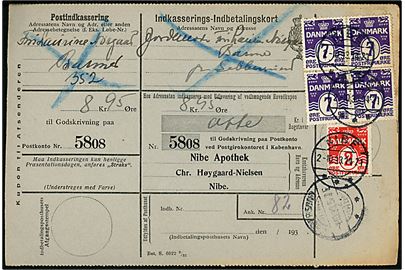 2 øre og 7 øre (4) Bølgelinie på retur Indkasserings-Indbetalingskort fra Nibe d. 2.10.1933 til Sebbersund.