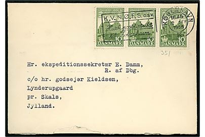 10 øre 1000 års udg. (3) på brev fra København d. 12.9.1955 til ekspeditionssekretær E. Damm, Ridder af Dannebrog, Lynderupgaard pr. Skals. På bagsiden lukkeoblat (krone) / Det kongelige Foureer Contoir