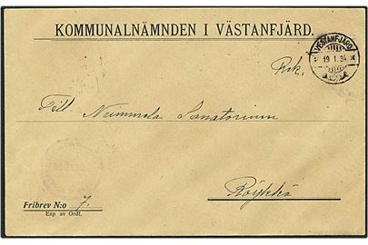 Ufrankeret finsk anbefalet tjenestebrev fra Vestanfjärd d. 19.1.1934 til Roijkkä. Svagt tjeneste stempel fra Kommunalnämnden i Vestanfjärd. 