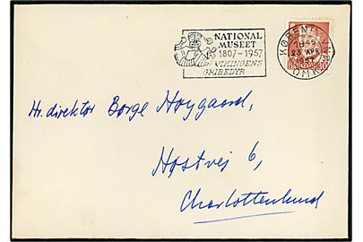30 øre Fr. IX på brev annulleret med TMS Nationalmuseet 1807-1957 Vikingens gribedyr/København OMK.30 d. 23.4.1957 til Charlottenlund.