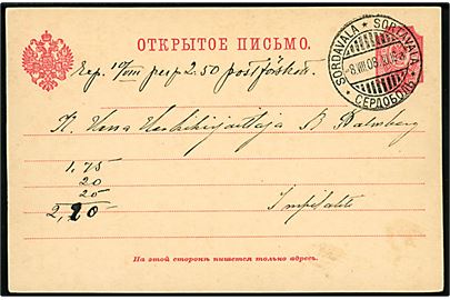 10 pen. helsagsbrevkort annulleret med 3-sproget stempel i Sordavala d. 8.8.1908 til Impilahti.