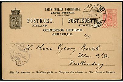 10 pen. helsagsbrevkort annulleret med 2-sproget Iisalmi d. 16.6.1895 til Ulm, Württemberg, Tyskland.