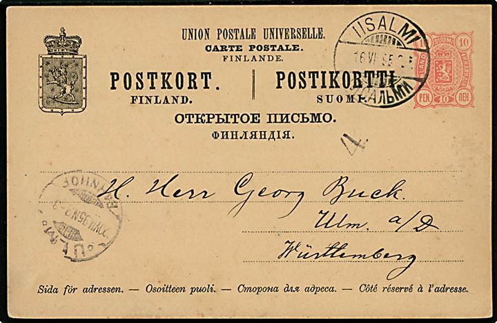 10 pen. helsagsbrevkort annulleret med 2-sproget Iisalmi d. 16.6.1895 til Ulm, Württemberg, Tyskland.