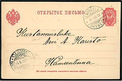 10 pen. helsagsbrevkort annulleret med 2-sproget stempel i Laukeela d. 8.12.1908 til Hämeenlinna.