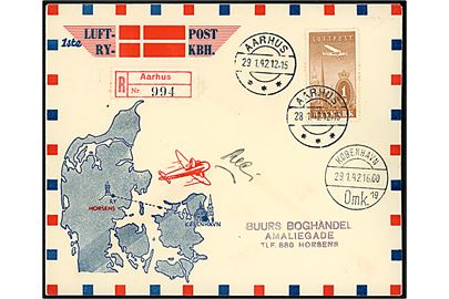 1 kr. Luftpost single på anbefalet illustreret 1. ispost-flyvnings brev fra Ry  annulleret i Aarhus d. 28.1.1942 via København til Horsens.