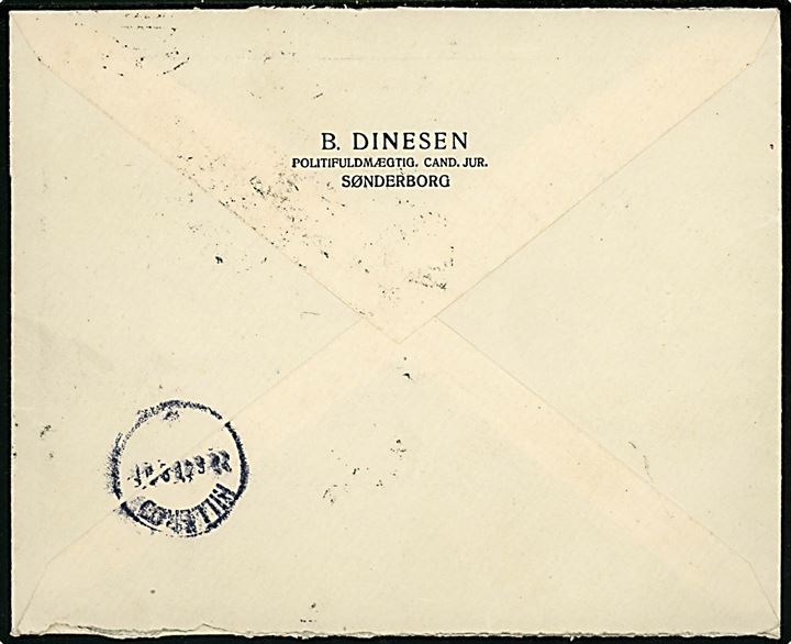 75 øre 1. Zone single på overfrankeret ekspresbrev fra Politifuldmægtig B. Dinesen i Sønderborg d. 18.6.1920 til Tisvildeleje. 