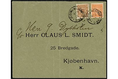 7½ pfg. og 25 pfg. Fælles udg. på overfrankeret brev annulleret med 1-ringsstempel Jeising-Hostrup d. 13.2.1920 til Kjøbenhavn, Danmark.