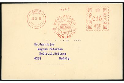10 øre firmafranko fra Køge Andels-Svineslagteri på tryksagskort d. 23.11.1935 til Rødvig