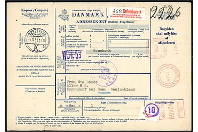 240 øre firmafranko Den kongelige Porcelainsfabrik på adressekort for pakke fra København d. 7.11.1959 til Ippendorf bei Bonn, Vesttyskland.