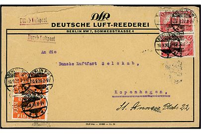 10 pfg. Luftpost (par) og 1 mk. Hauptpostamt (par) på fortrykt kuvert DLR - Deutsche Luft-Reederei - med liniestempel Durch Luftpost fra Berlin NW d. 10.9.1920 til Danske Luftfart Selskab i København.
