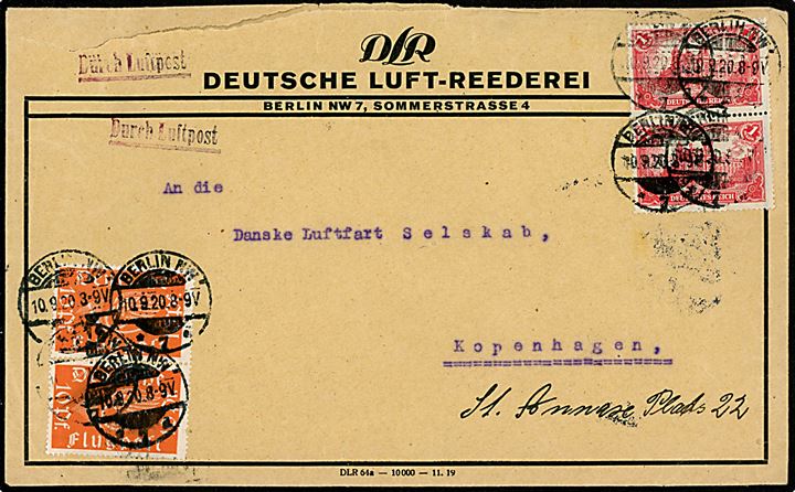 10 pfg. Luftpost (par) og 1 mk. Hauptpostamt (par) på fortrykt kuvert DLR - Deutsche Luft-Reederei - med liniestempel Durch Luftpost fra Berlin NW d. 10.9.1920 til Danske Luftfart Selskab i København.
