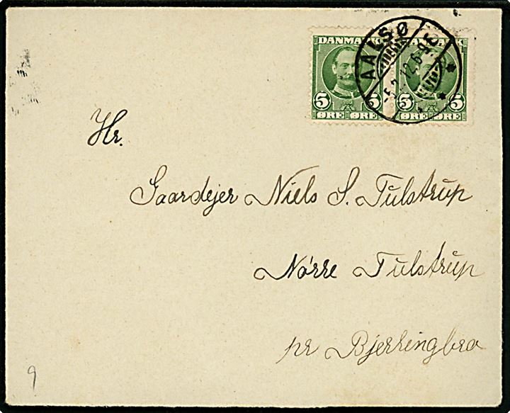 5 øre Fr. VIII i parstykke på brev annulleret med brotype Ia Aalsø d. 5.2.1912 til Bjerringbro.