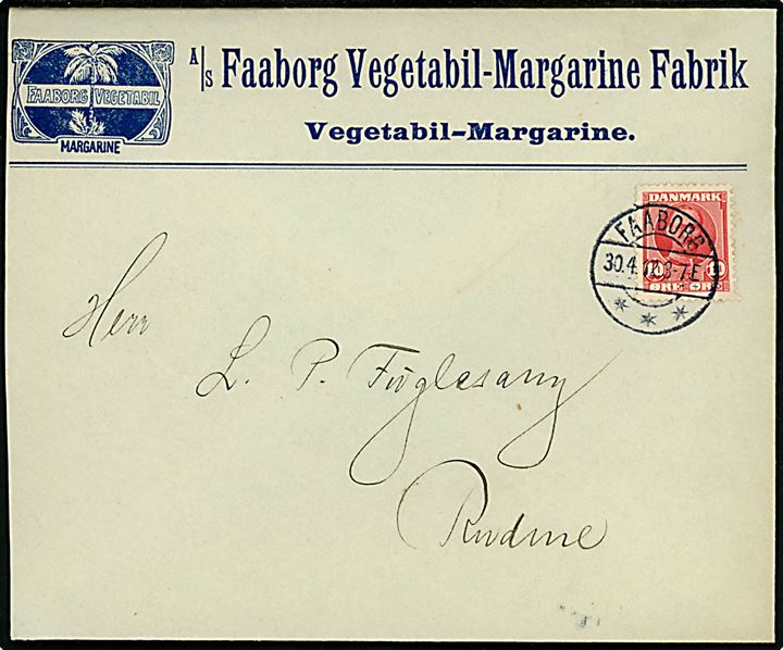10 øre Fr. VIII på illustreret firmakuvert A/S Faaborg Vegetabil-Margarine Fabrik fra Faaborg d. 30.4.1912 til Rudme.