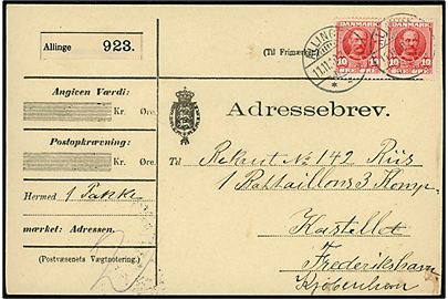 10 øre Fr. VIII i parstykke på adressebrev for pakke annulleret brotype Ia Allinge d. 11.11.1910 til rekrut ved 1. Battallions 3. Kompagni, Kastellet, Frederikshavn, Kjøbenhavn.