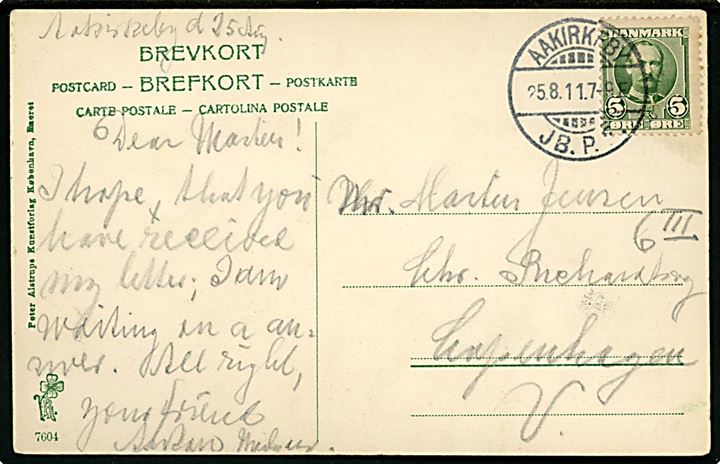 5 øre Fr. VIII på brevkort (Almindingen) annulleret brotype Ia Aakirkeby JB.P.E. d. 25.8.1911 til København.