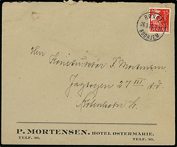 15 øre Karavel på brev fra Hotel Østermarie annulleret med bureaustempel Rønne - Gudhjem T.16 d. 26.3.1930 til København.