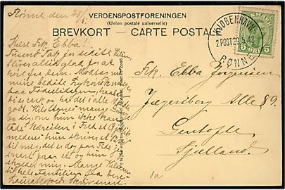 5 øre Chr. X på brevkort fra Rønne (folder) annulleret med sejlende bureaustempel Kjøbenhavn - Rønne 2. POST d. 29.5.1918 til Gentofte.