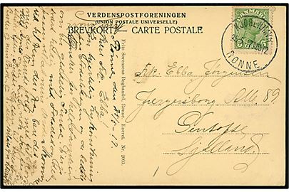 5 øre Chr. X på brevkort (Rønne havn med dampskib) annulleret med sejlende bureaustempel Kjøbenhavn - Rønne POST 2 d. 26.5.1917 til Gentofte.