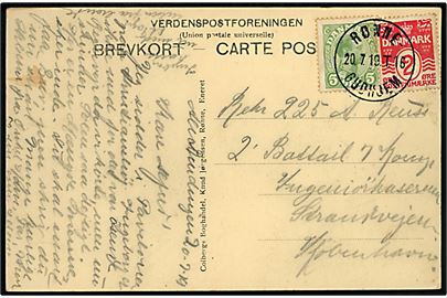 2 øre Bølgelinie og 5 øre Chr. X på brevkort fra Almindingen annulleret med bureau Rønne - Gudhjem T.16 d. 20.7.1919 til soldat på Ingeniørkasernen, Kobenhavn.