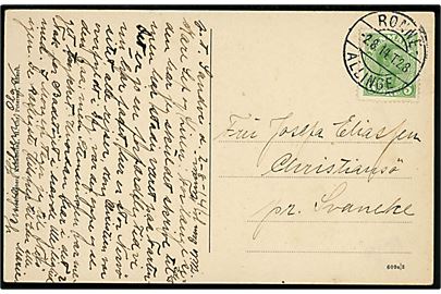 5 øre Chr. X på brevkort fra Sandvig annulleret med bureau Rønne - Allinge T.28 d. 2.8.1914 til Christiansø pr. Svaneke. Interessant meddelelse vedr. den trykkede stemning ved krigsudbruddet.