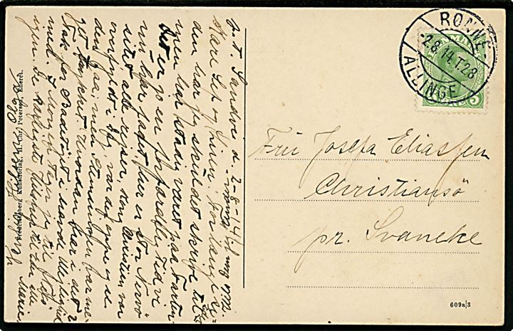 5 øre Chr. X på brevkort fra Sandvig annulleret med bureau Rønne - Allinge T.28 d. 2.8.1914 til Christiansø pr. Svaneke. Interessant meddelelse vedr. den trykkede stemning ved krigsudbruddet.