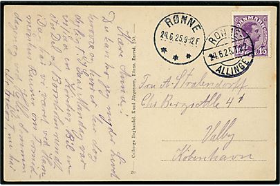 15 øre Chr. X på brevkort (Helligdommen pr. Rø) annulleret med bureaustempel Rønne - Allinge T.22 d. 24.6.1925 via Rønne til København.