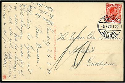 10 øre Chr. X på underfrankeret brevkort fra Sandvig annulleret med bureaustempel Rønne - Allinge T.22 d. 6.7.1920 til Gudhjem. Udtakseret i 10 øre porto.