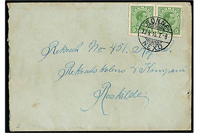 5 øre Chr. X (2) på brev fra Neksø annulleret med bureaustempel Rønne - Nexø T.8 d. 23.9.1915 til soldat ved Rekrutskolen, Roskilde.